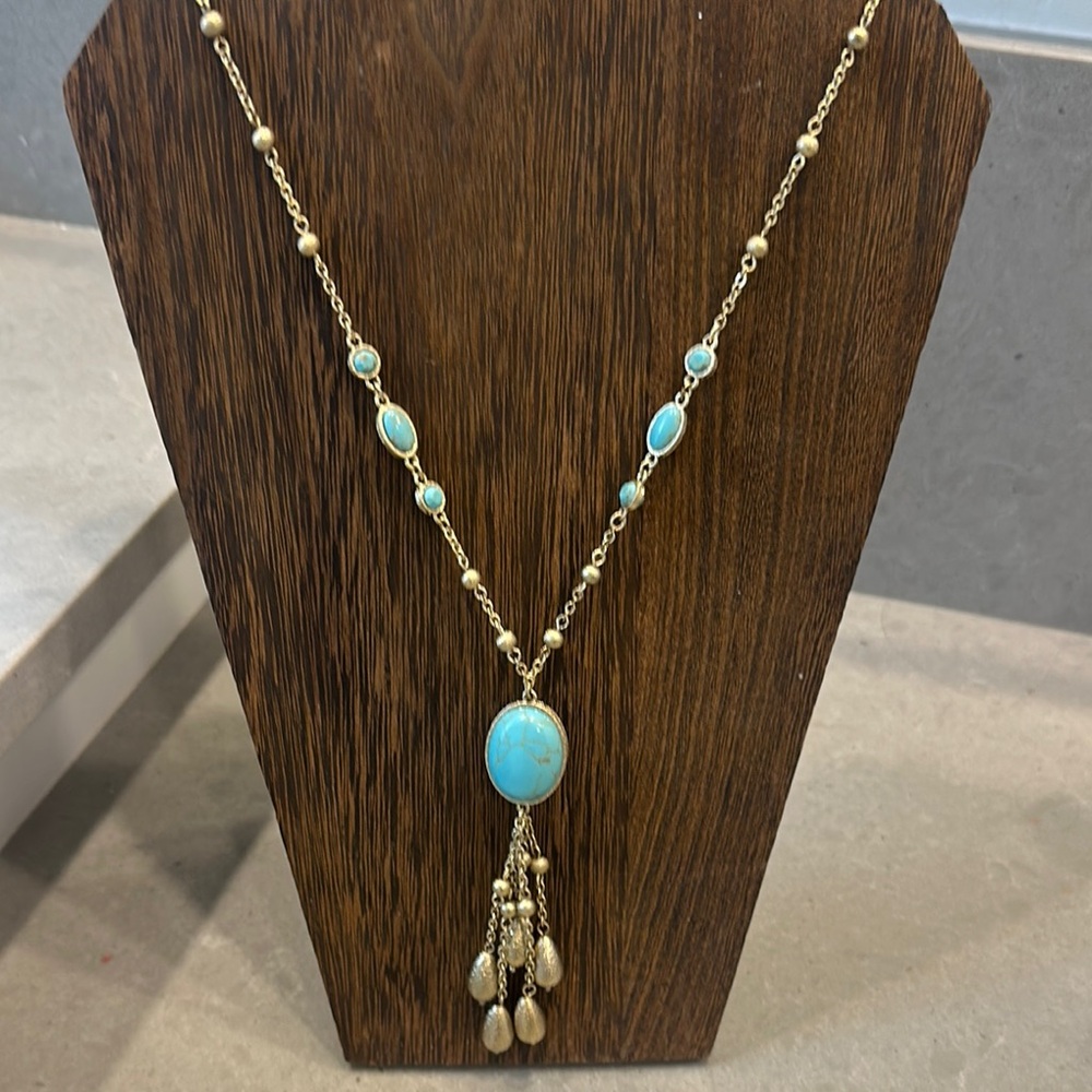 Gorgeous gold tone and turquoise tassel necklace by Lia Sophia
